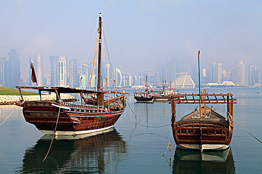 卡塔尔,多哈,独桅三角帆船,港口,天际线