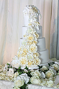 多层,白色,婚礼蛋糕,装饰,玫瑰