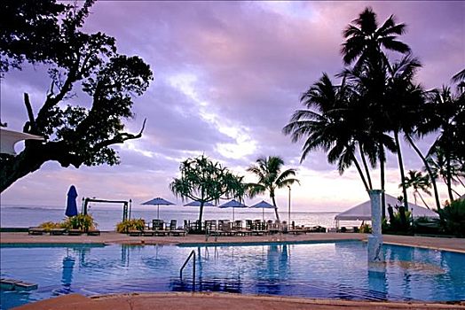 斐济,维提岛,珊瑚海岸,胜地,早晨,亮光,粉色,云,上方,海洋