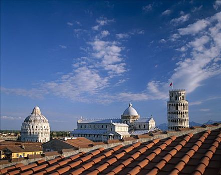 斜塔,比萨斜塔,中央教堂,洗礼堂,砖瓦,屋顶,比萨,托斯卡纳,意大利