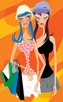 时尚插画,两个女子,购物,帽子