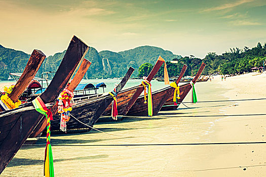 长,船,热带沙滩,安达曼海,皮皮岛,泰国