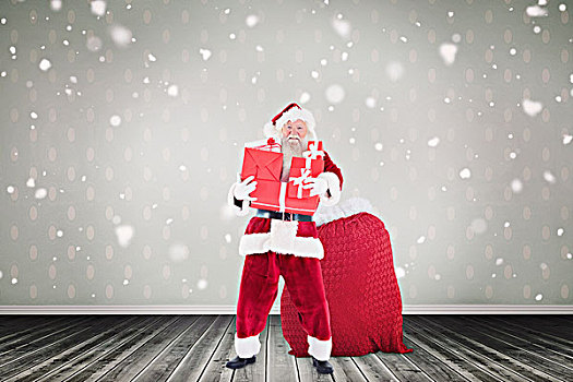 合成效果,图像,圣诞老人,拿着,堆,礼物,房间,木地板