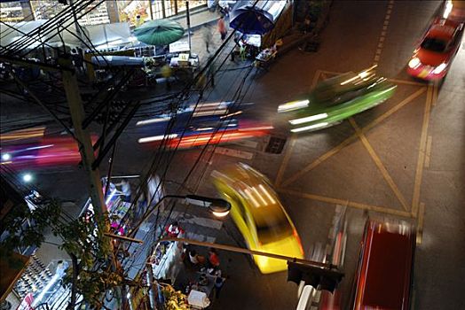 彩色,汽车,进入,小巷,道路,夜晚,曼谷,泰国