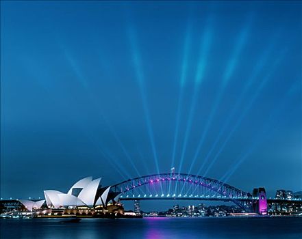 悉尼歌剧院,海港大桥,黄昏,许多,聚光灯,桥,灯光,向上