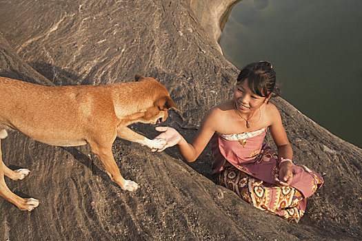 女孩,狗,坐,水塘,省,泰国