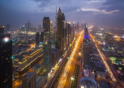 摩天大楼,道路,晚间,高峰时间,迪拜,阿联酋