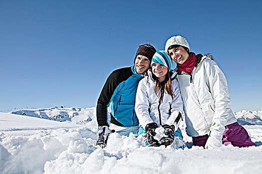 伴侣,女儿,滑雪,穿戴,坐,雪中