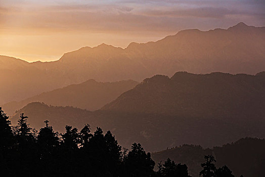 剪影,平和,山脉,日落,北阿坎德邦,喜玛拉雅,山麓
