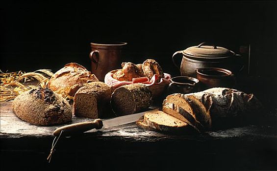 静物,面包,木桌子