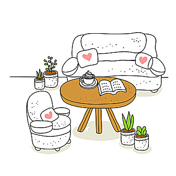 插画,沙发,咖啡杯,盆栽