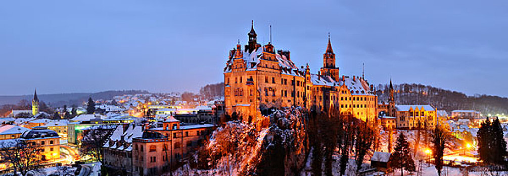 锡格马林根,城堡,冬天,黃昏,巴登符腾堡,德国,欧洲