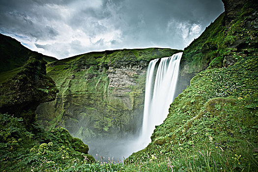 瀑布,上方,草,悬崖,冰岛
