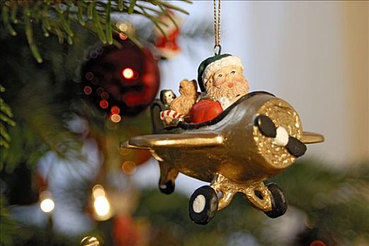 圣诞树装饰,圣诞老人,坐,飞机