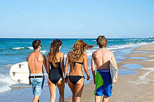 青少年,冲浪,男孩,女孩,走,后视图,海滩
