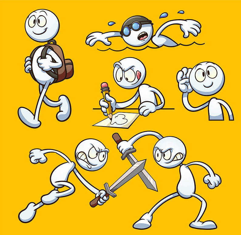 有趣_卡通_表演_不同_动作_矢量_艺术_插画_简单_倾斜_相互_分开_层次