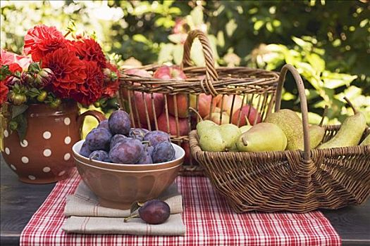 李子,碗,梨,苹果,篮子,花园桌