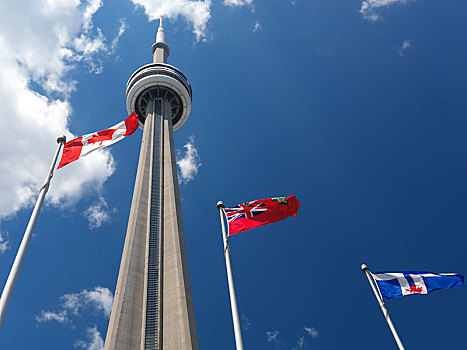 多伦多,安大略省,加拿大,旗,飘扬,正面,加拿大国家电视塔,蓝天,省,北美