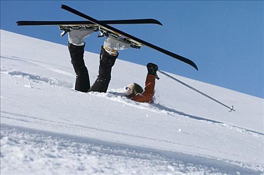 下落,滑雪者,卧,粉状雪
