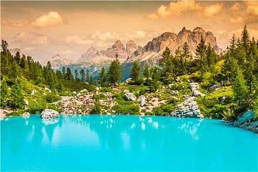 青绿色,湖,松树,多洛迈特山,背影,电路,白云岩,意大利,欧洲