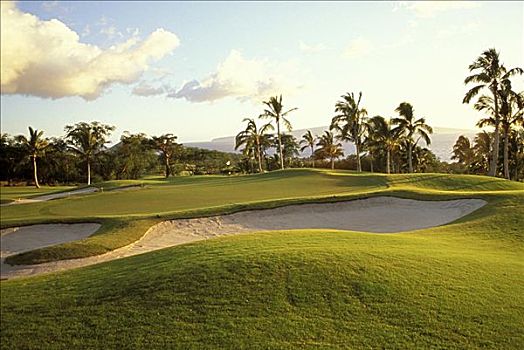 夏威夷,毛伊岛,高尔夫球场,沙坑,前景,洞,旗帜,下午,亮光