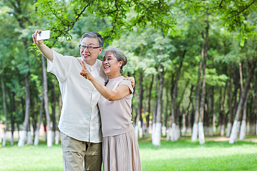 幸福的老年夫妇在公园使用手机自拍