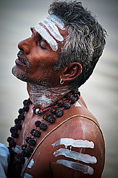 男人,头像,传统,人体彩绘,瓦拉纳西,印度