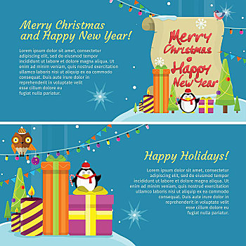 快乐假日,网络,旗帜,圣诞快乐,新年快乐,海报,猫头鹰,花环,雪花,礼物,礼盒,圣诞树,企鹅,增加,祝贺,文字,贺卡,矢量
