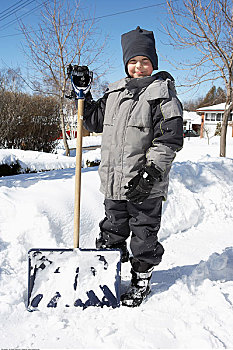 男孩,站立,靠近,雪,铲,冬天