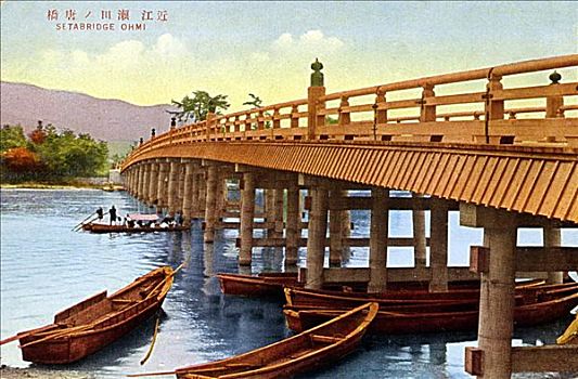日本,旧式,插画,桥,船