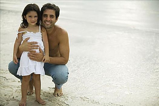 肖像,父亲,拿着,女儿,海滩