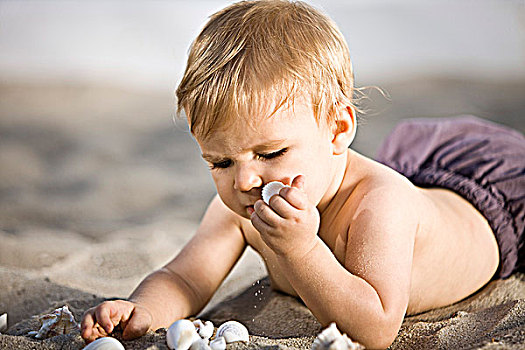 男婴,玩,壳,沙子