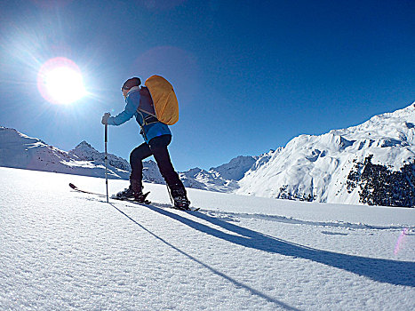 奥地利,山谷,一个,男人,北欧滑雪,搬进,初雪,风景,阿尔卑斯山