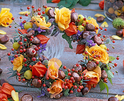 秋季花环,玫瑰,酸浆属植物,栗子