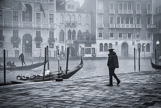 小船,十二月,威尼斯,平底船船夫,等待,顾客,黑白