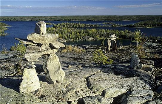 累石堆,石头,男人,因纽石刻,隐藏,湖,加拿大西北地区,加拿大