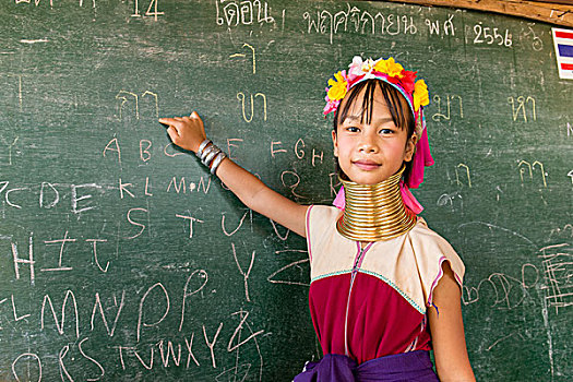女孩,颈部,戒指,学校,女人,女生,指点,黑板,清莱,省,北方,泰国,亚洲