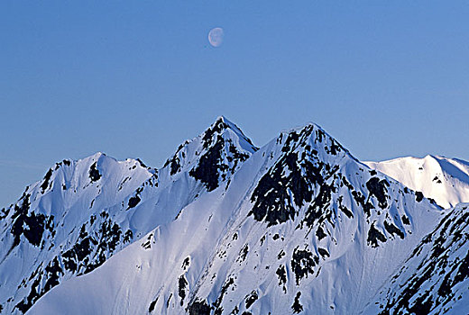 美国,阿拉斯加,阿拉斯加山脉,德纳里峰,月亮,俯视,风景