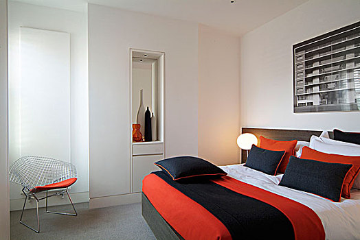 橙子,黑色,条纹,床单,床,经典,椅子,现代,卧室