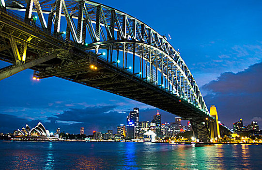 黎明,夜晚,展示,彩色,亮光,著名,剧院,海港大桥,天际线,悉尼,澳大利亚,新南威尔士