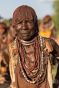 老太太,传统,饰品,头像,部落,市场,南方,区域,埃塞俄比亚,非洲