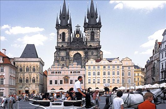 布拉格,老城广场,教堂,全景,游客,马车