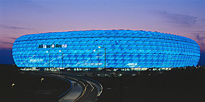 德国,上巴伐利亚,安联竞技场,蓝色,光亮,没有物权,欧洲,巴伐利亚,体育场,运动场馆,运动,竞技场,球,建筑,现代,创新,建造