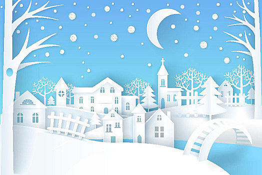 冬季风景,矢量,插画,蓝色,白色,树,星,月亮,房子,教堂,隔绝,蓝色背景,白色背景