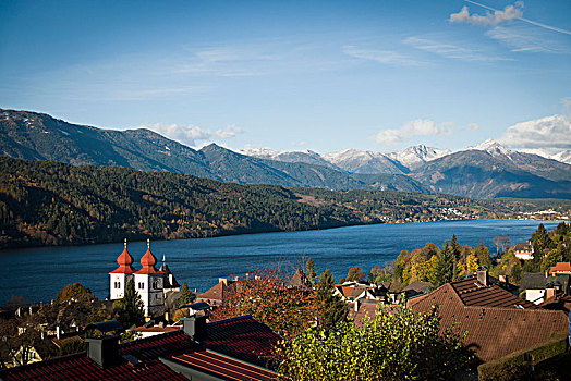 风景,湖,米尔斯泰特,教堂,看,卡林西亚,奥地利