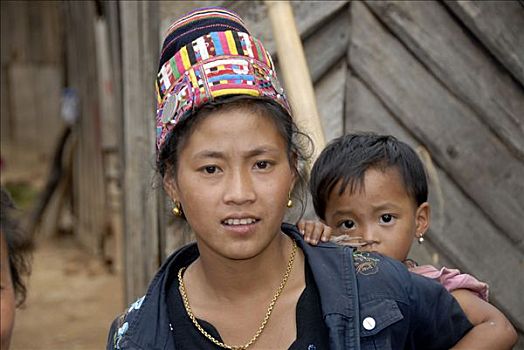 女青年,阿卡族,种族,孩子,背影,穿,传统头饰,禁止,省,老挝,东南亚