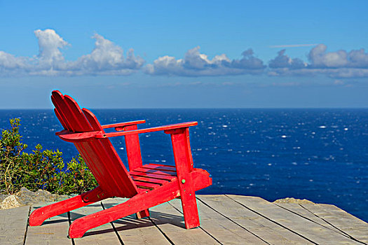 红色,木椅,平台,远眺,地中海,上科西嘉省,科西嘉岛,法国,欧洲
