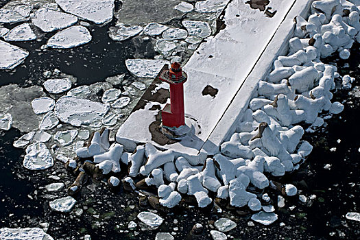 红色,灯塔,浮冰,港口