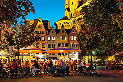 露天咖啡,汉堡鱼市,教堂,晚上,历史,中心,科隆,北莱茵威斯特伐利亚,德国,欧洲