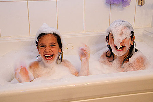 两个,可爱,女孩,浴缸,许多,泡泡